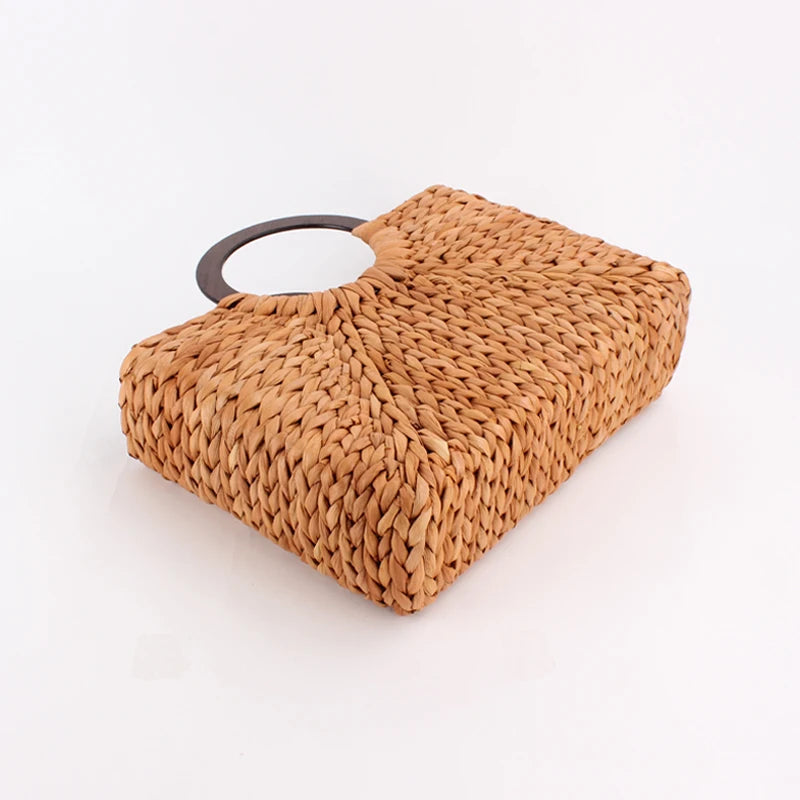 Woven Wicker Rattan Wooden Handle Handbag