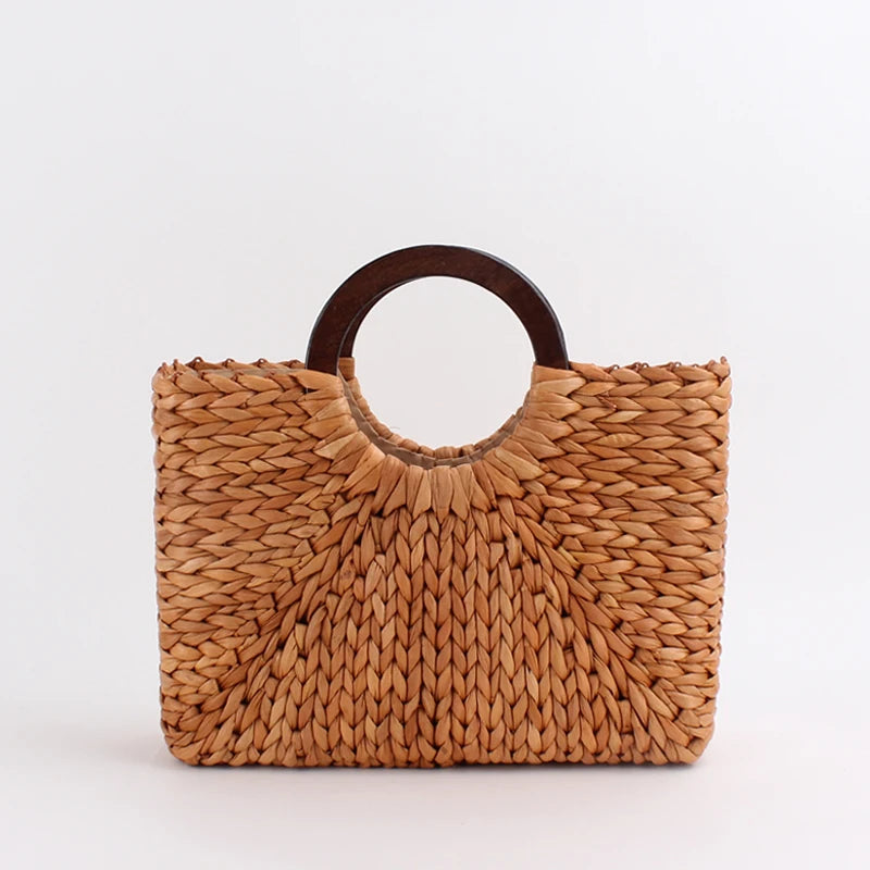 Woven Wicker Rattan Wooden Handle Handbag