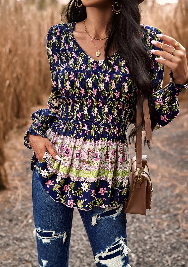 Boho Style Long Sleeve Blouse Floral Pattern