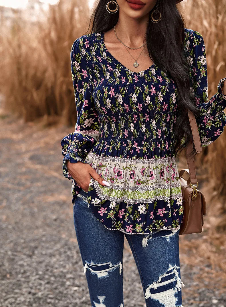 Boho Style Long Sleeve Blouse Floral Pattern