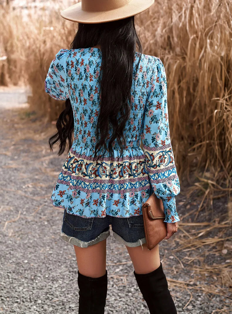 Boho Style Long Sleeve Blouse Floral Pattern