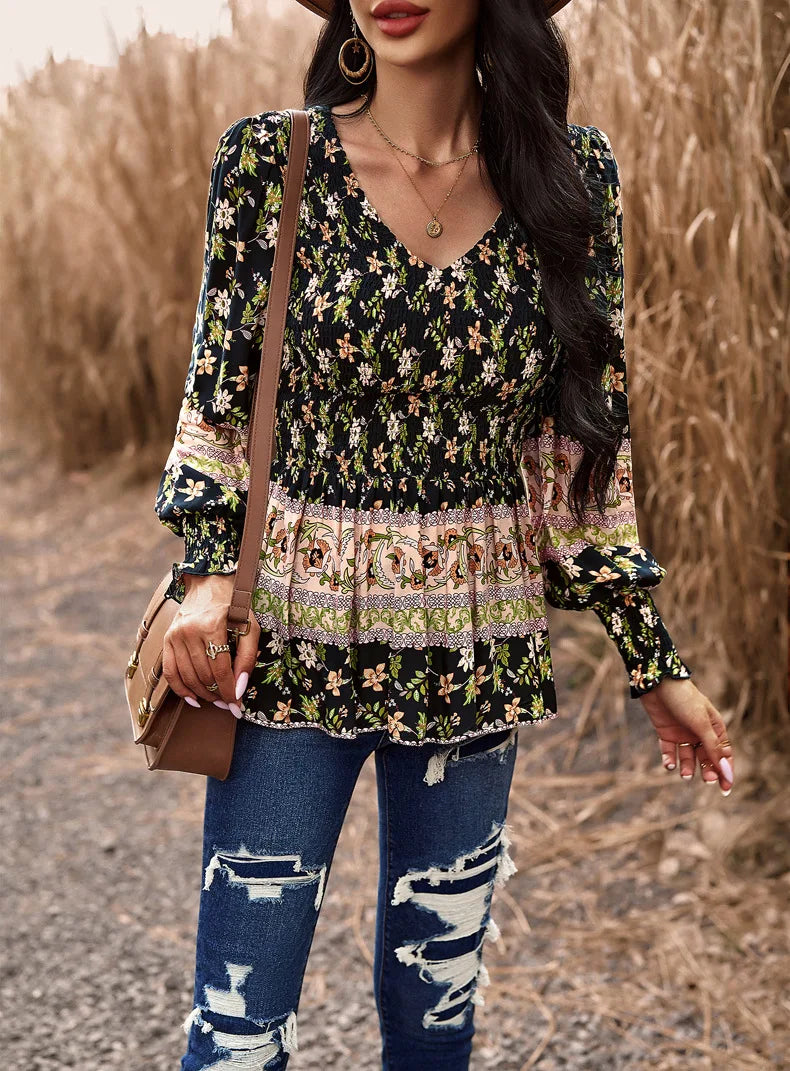 Boho Style Long Sleeve Blouse Floral Pattern