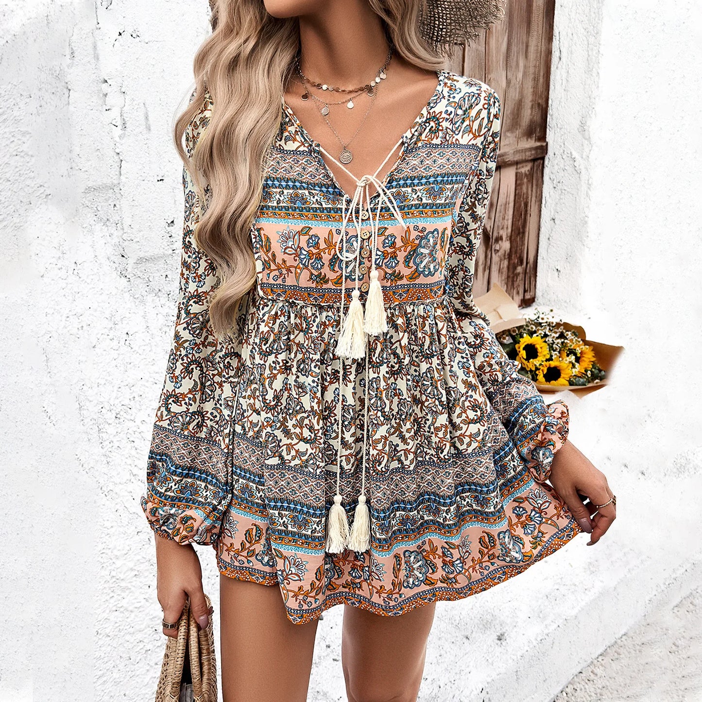 Bohemian Style Floral Lace-up Tunic