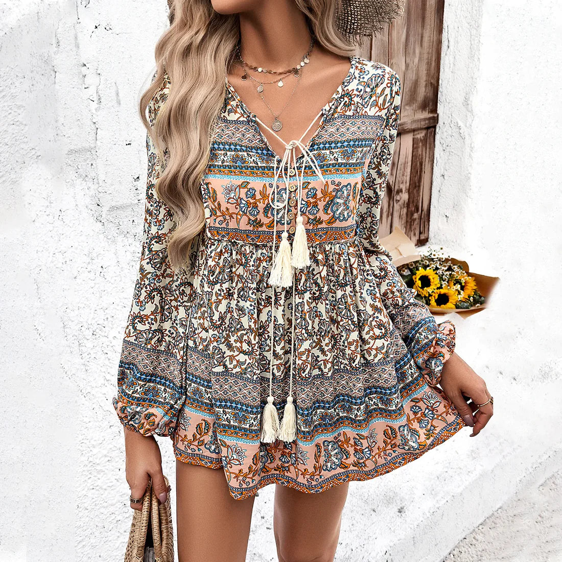 Bohemian Style Floral Lace-up Tunic