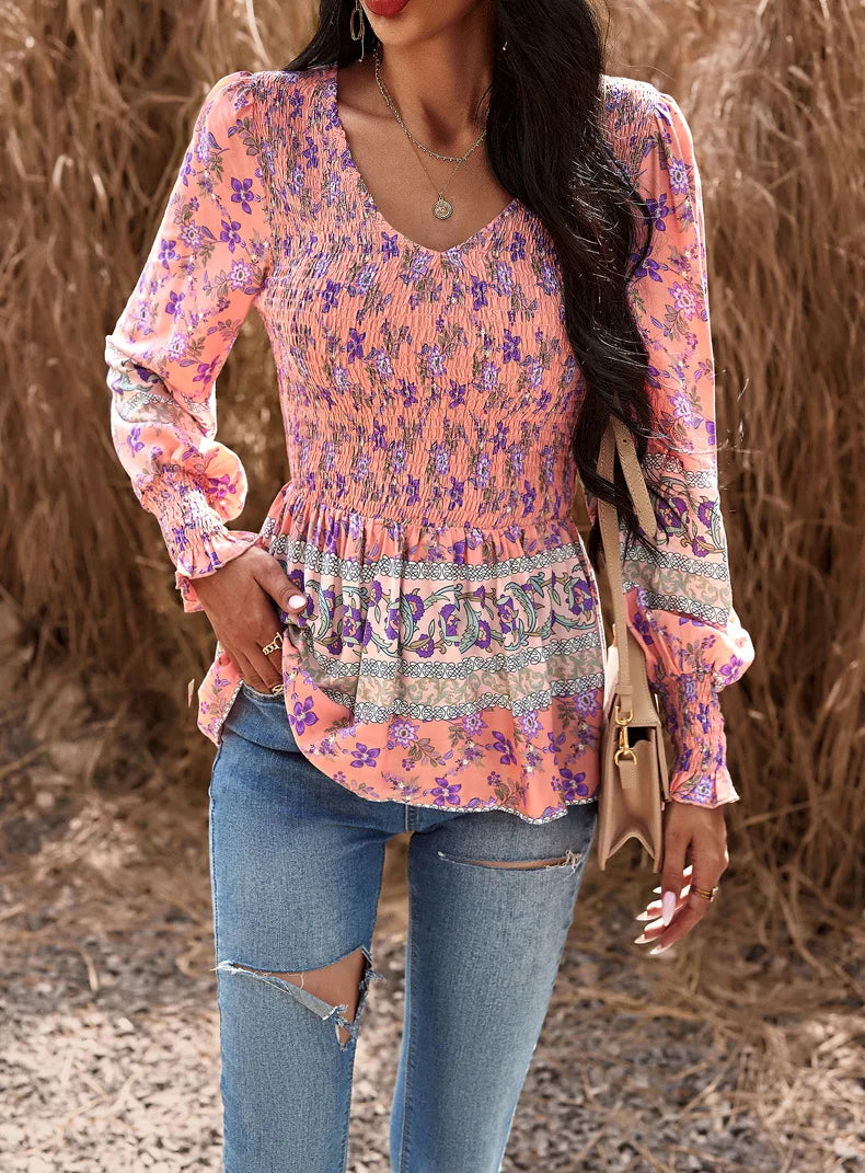 Boho Style Long Sleeve Blouse Floral Pattern