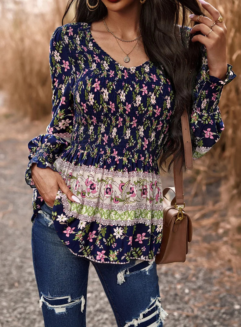 Boho Style Long Sleeve Blouse Floral Pattern