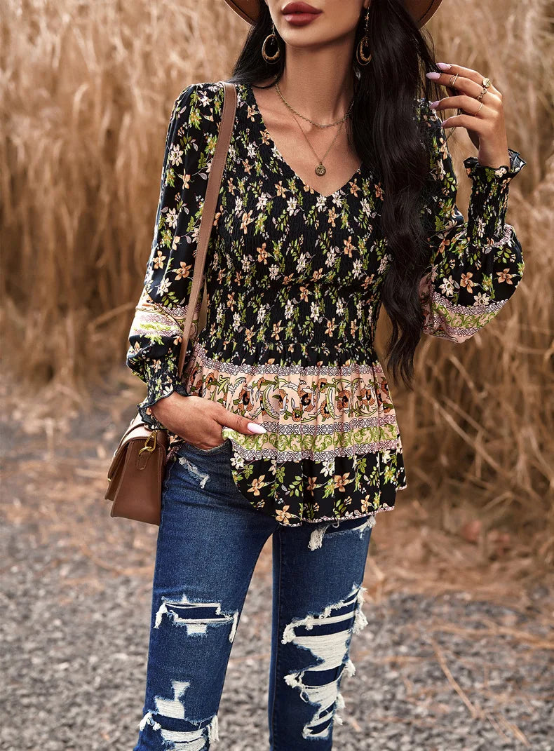 Boho Style Long Sleeve Blouse Floral Pattern