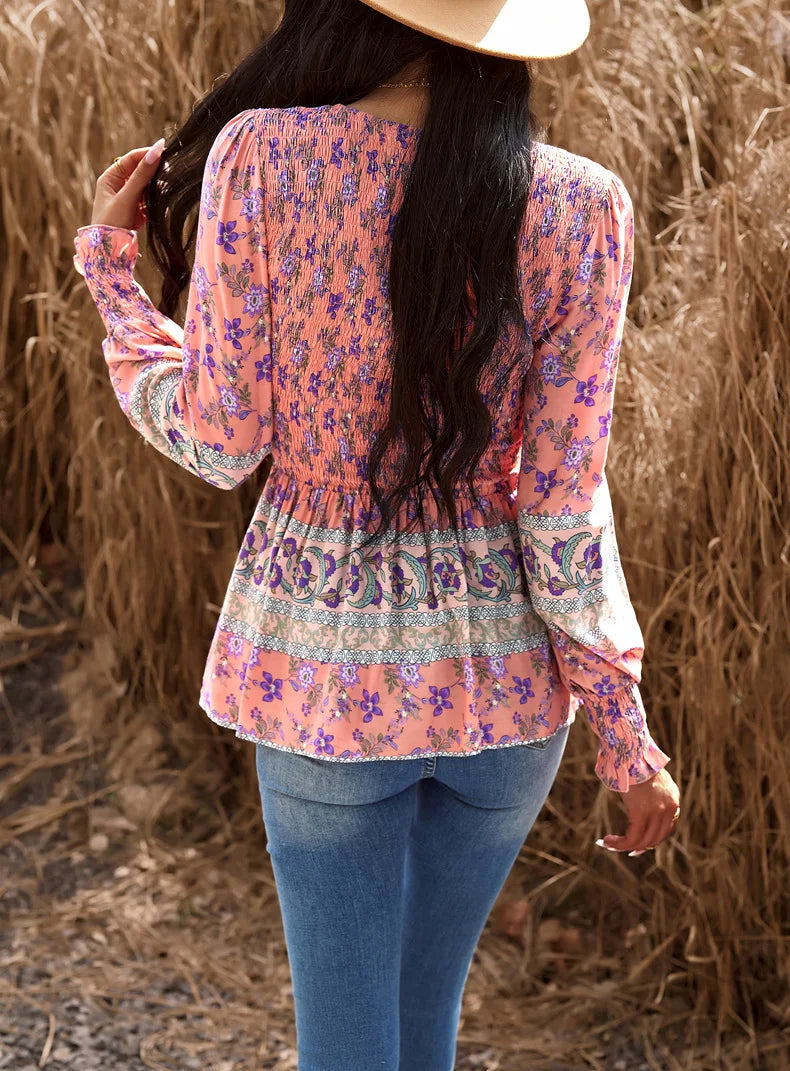 Boho Style Long Sleeve Blouse Floral Pattern