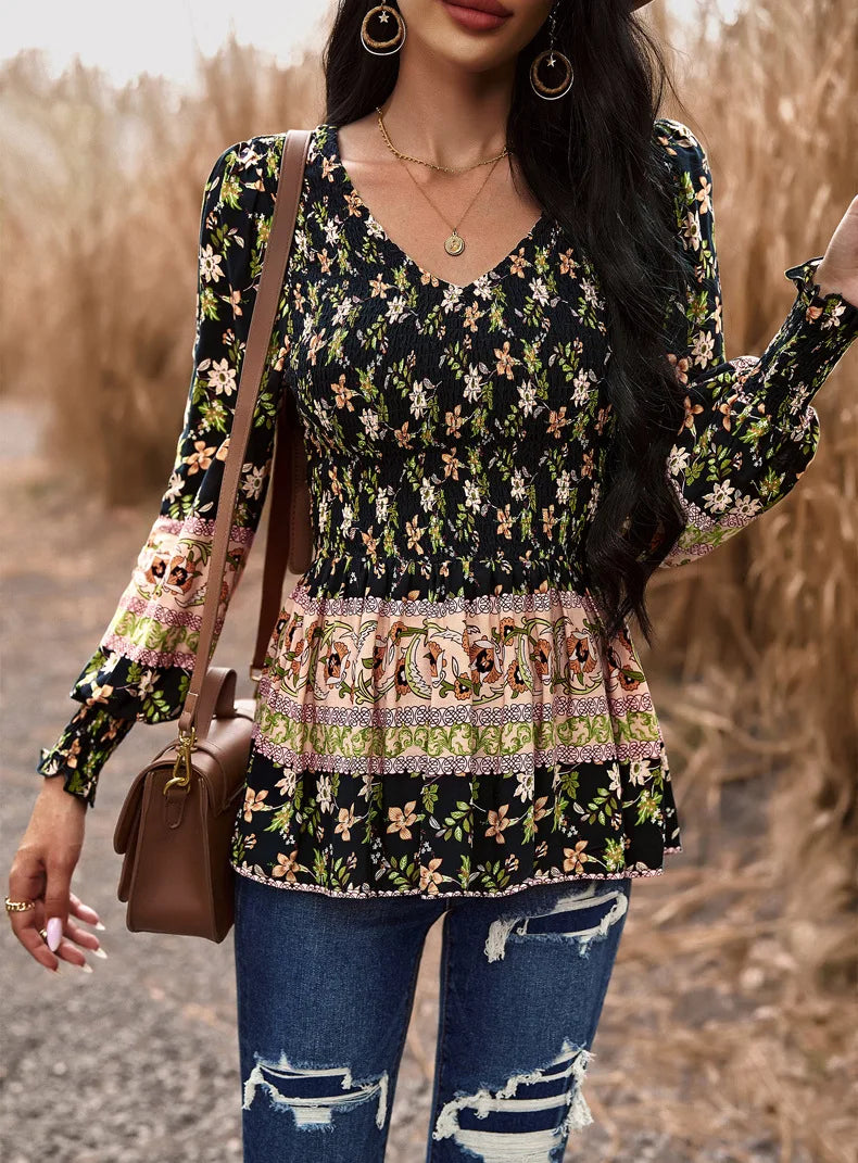 Boho Style Long Sleeve Blouse Floral Pattern