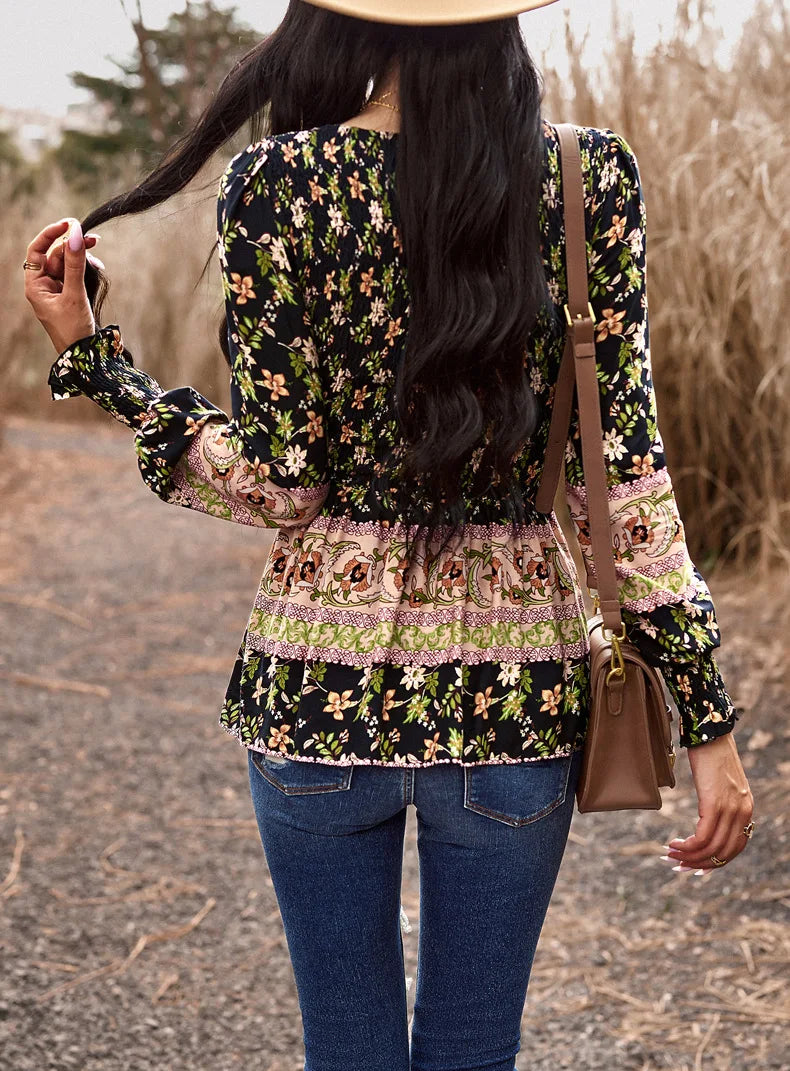 Boho Style Long Sleeve Blouse Floral Pattern