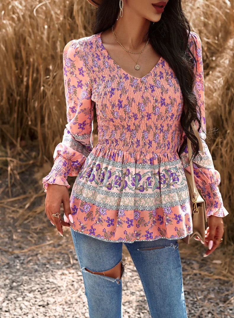 Boho Style Long Sleeve Blouse Floral Pattern