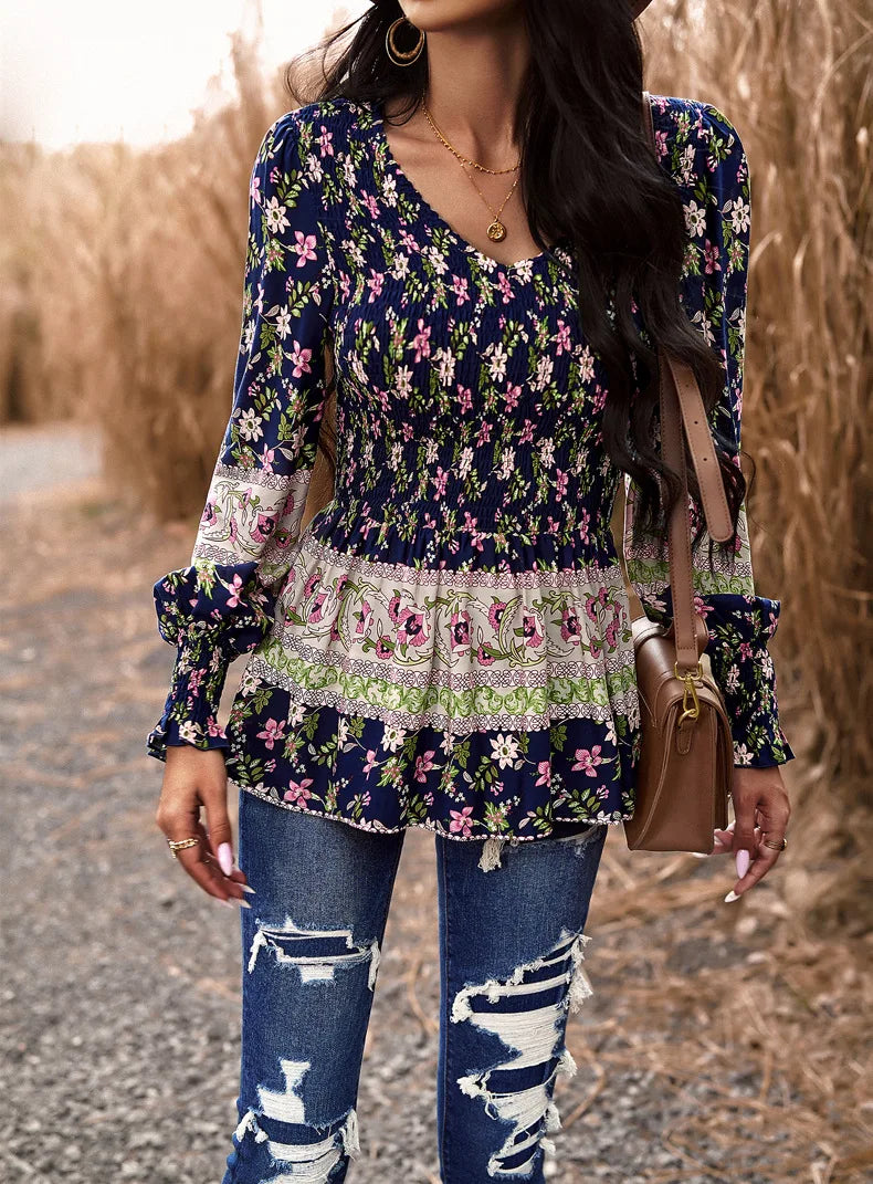 Boho Style Long Sleeve Blouse Floral Pattern