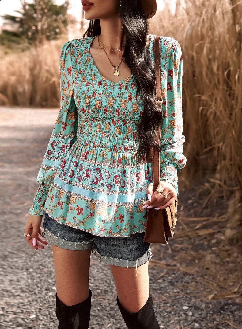 Boho Style Long Sleeve Blouse Floral Pattern