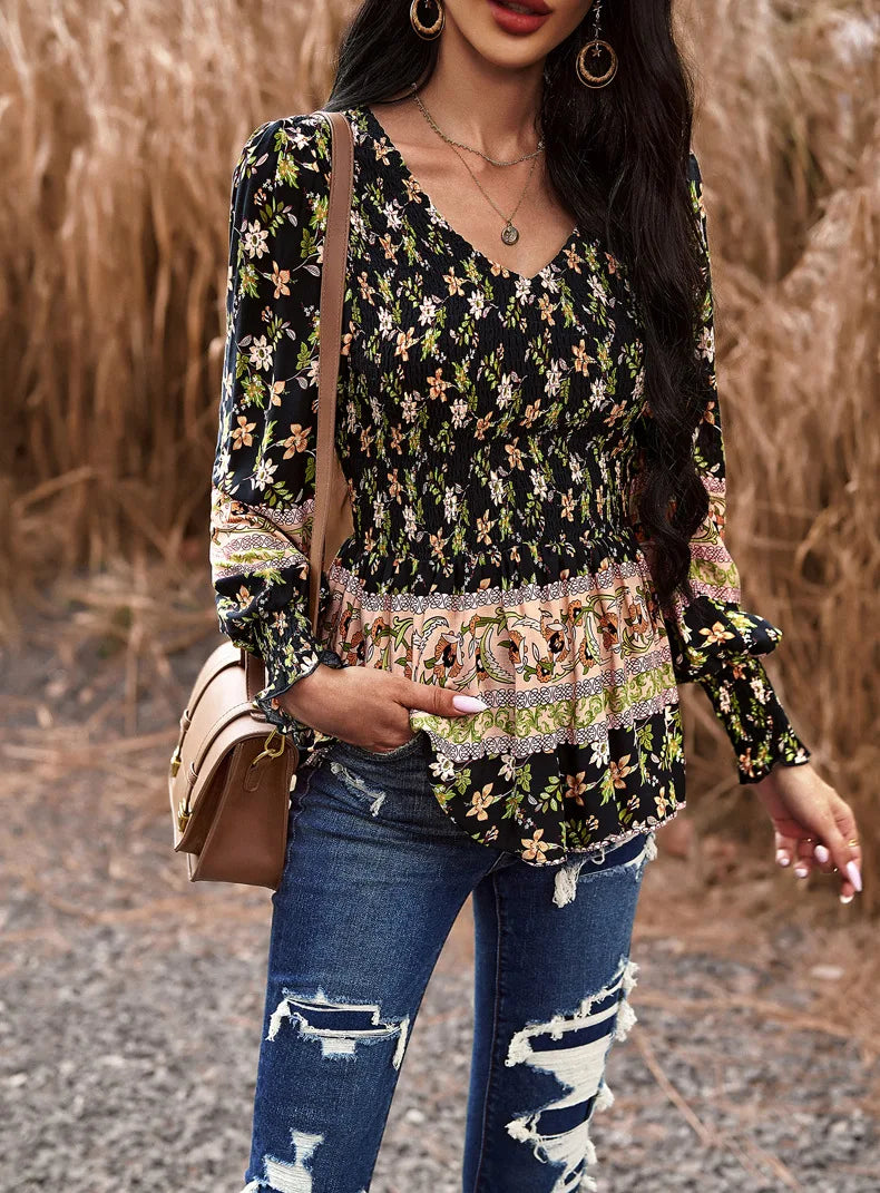 Boho Style Long Sleeve Blouse Floral Pattern