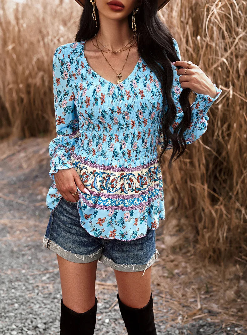 Boho Style Long Sleeve Blouse Floral Pattern