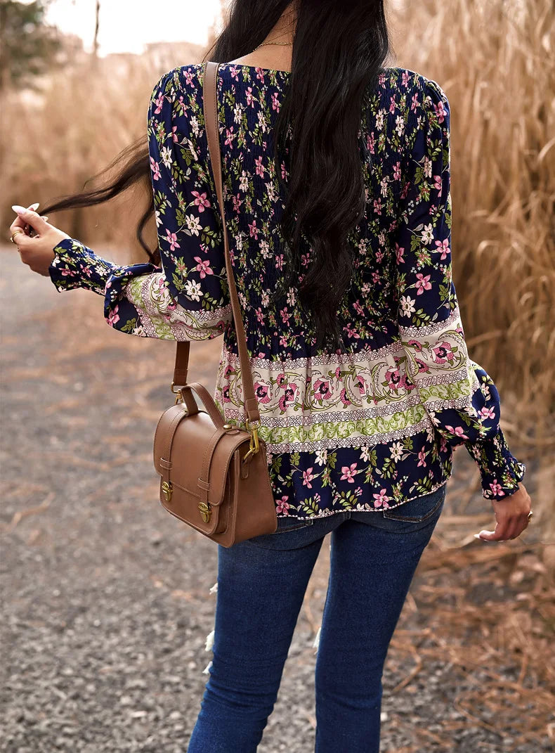 Boho Style Long Sleeve Blouse Floral Pattern