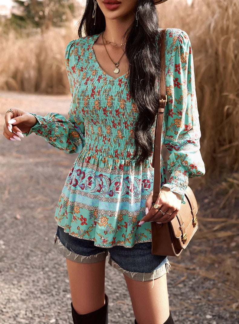 Boho Style Long Sleeve Blouse Floral Pattern