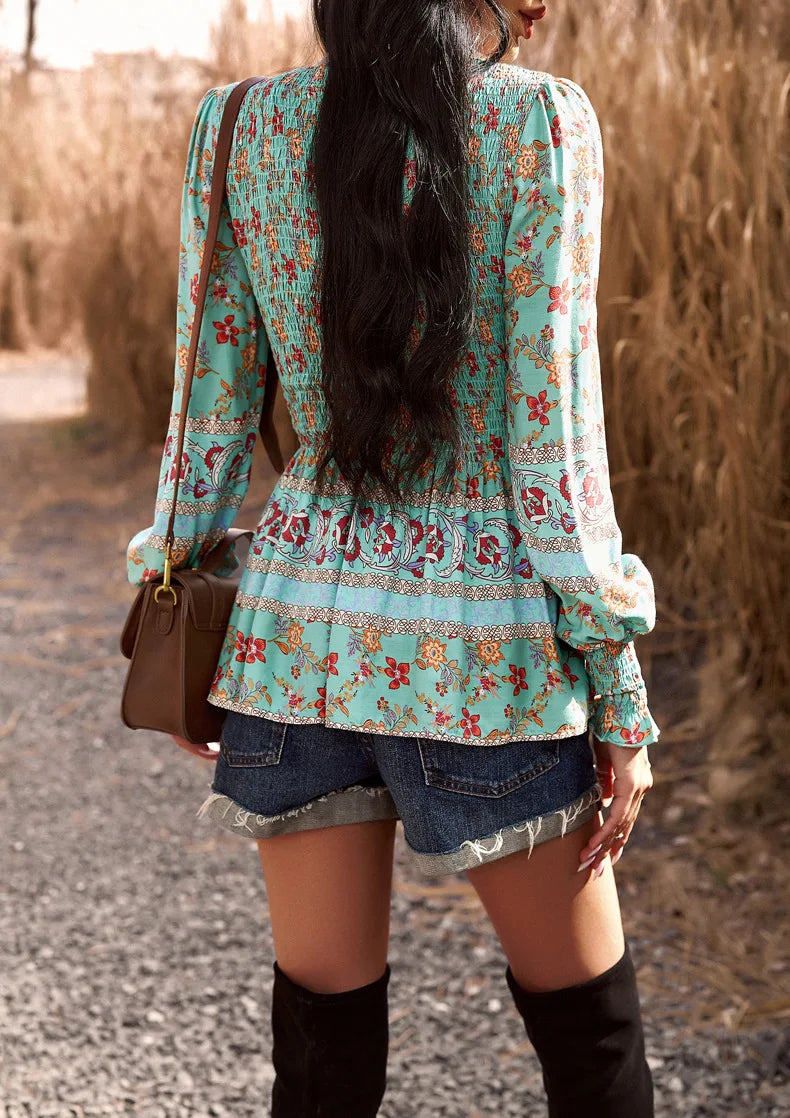 Boho Style Long Sleeve Blouse Floral Pattern