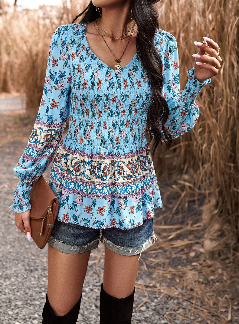 Boho Style Long Sleeve Blouse Floral Pattern