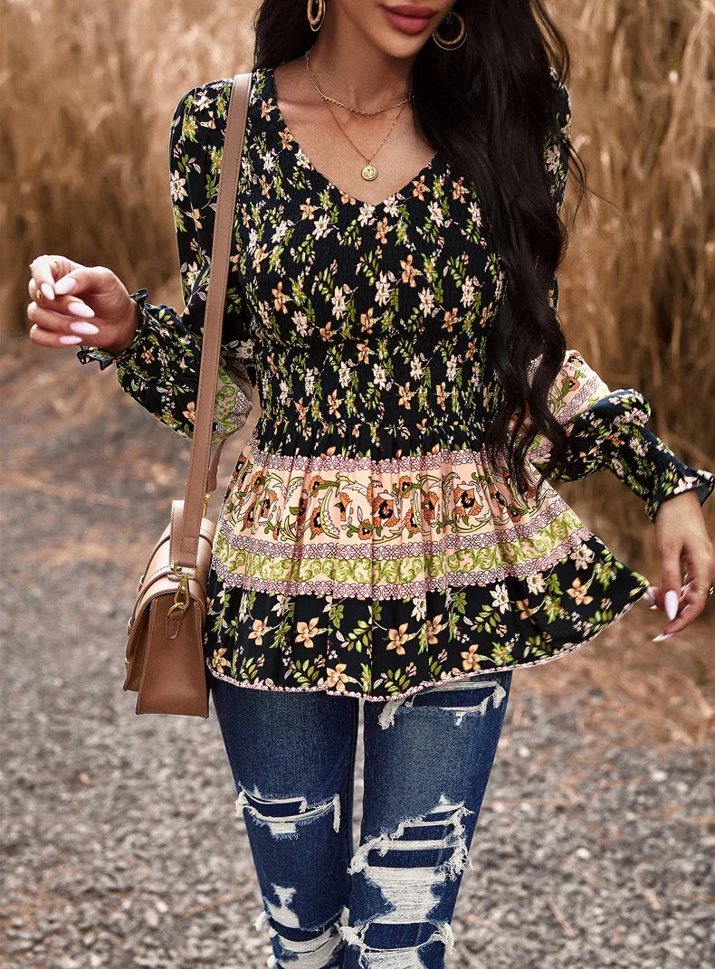 Boho Style Long Sleeve Blouse Floral Pattern