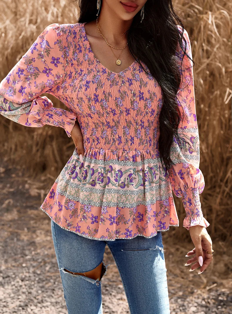 Boho Style Long Sleeve Blouse Floral Pattern