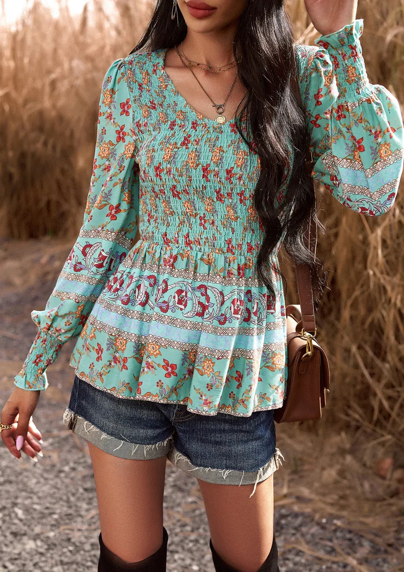 Boho Style Long Sleeve Blouse Floral Pattern