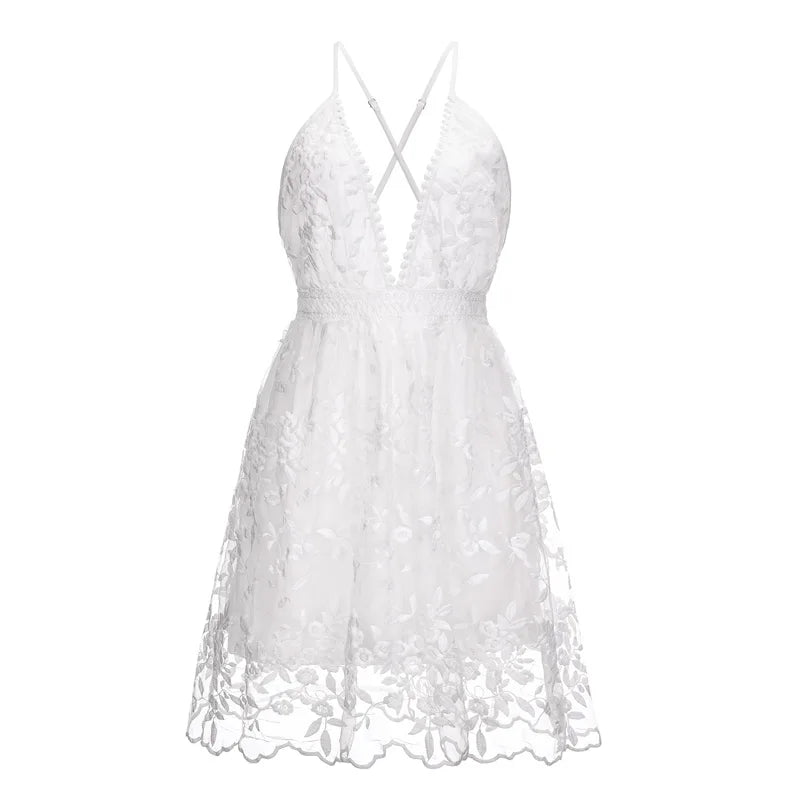 White Lace Backless Sling Dress