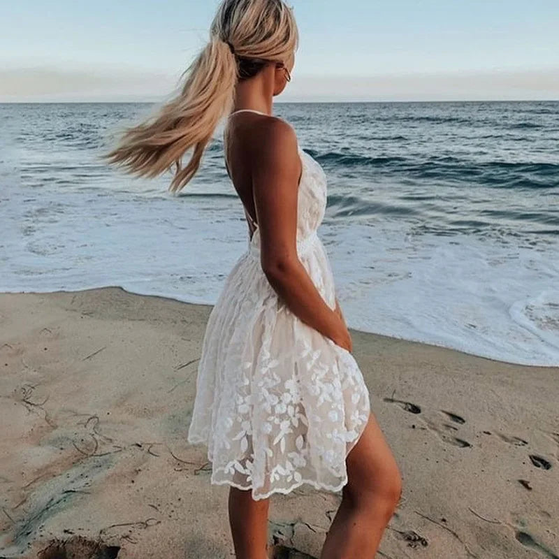 White Lace Backless Sling Dress