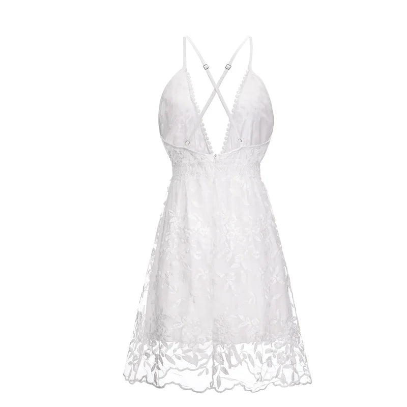 White Lace Backless Sling Dress