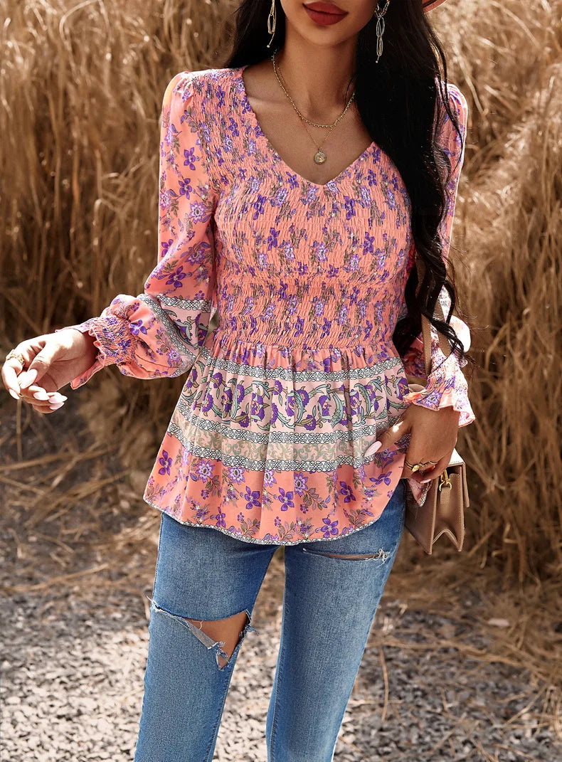 Boho Style Long Sleeve Blouse Floral Pattern