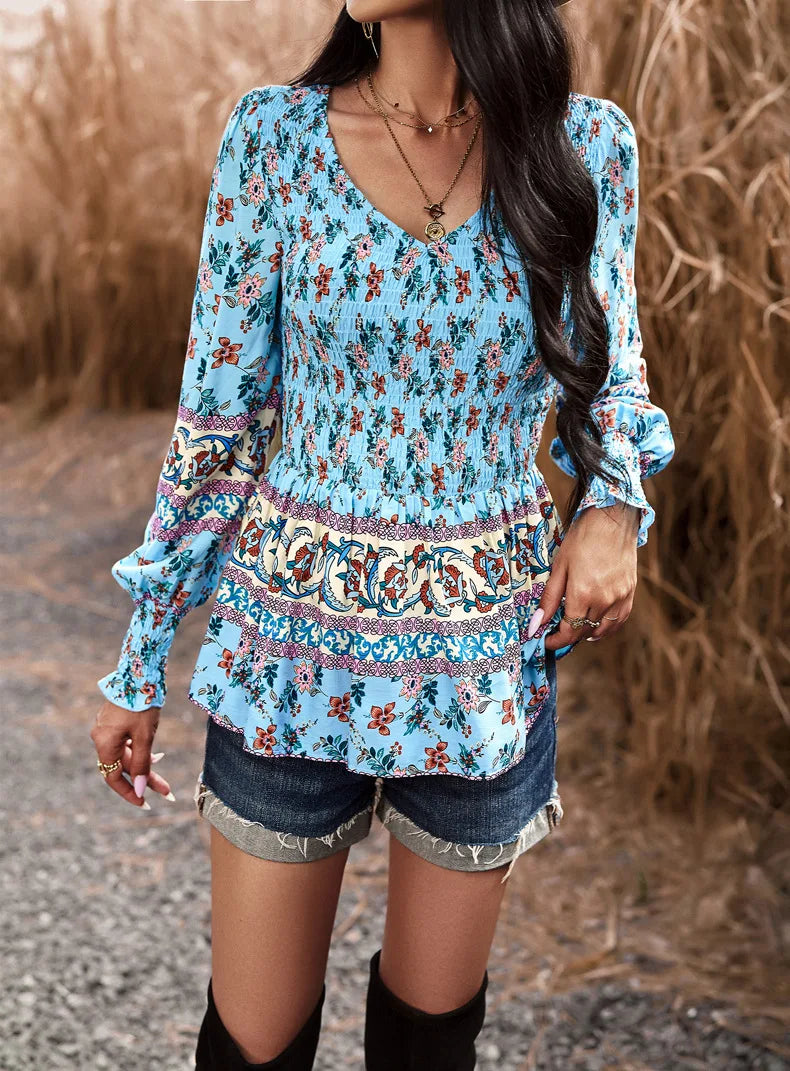 Boho Style Long Sleeve Blouse Floral Pattern