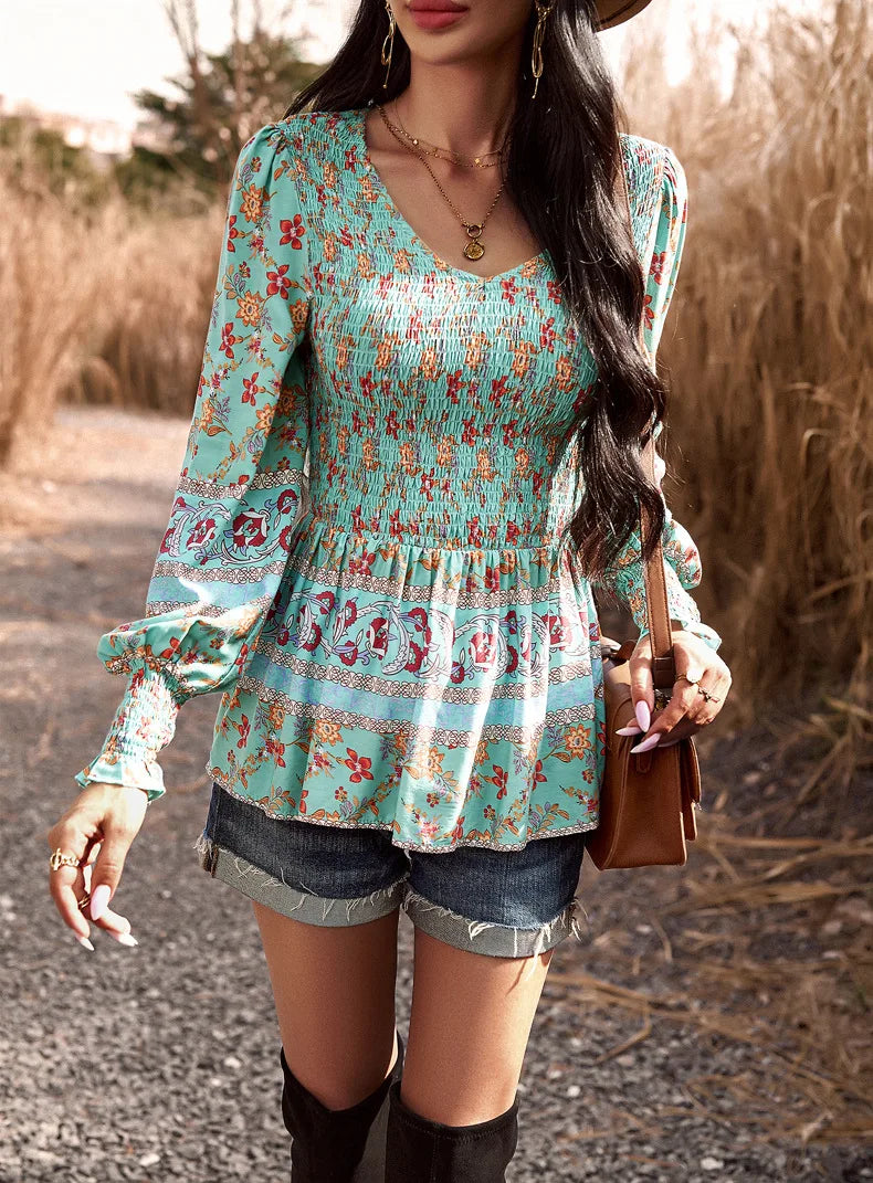 Boho Style Long Sleeve Blouse Floral Pattern