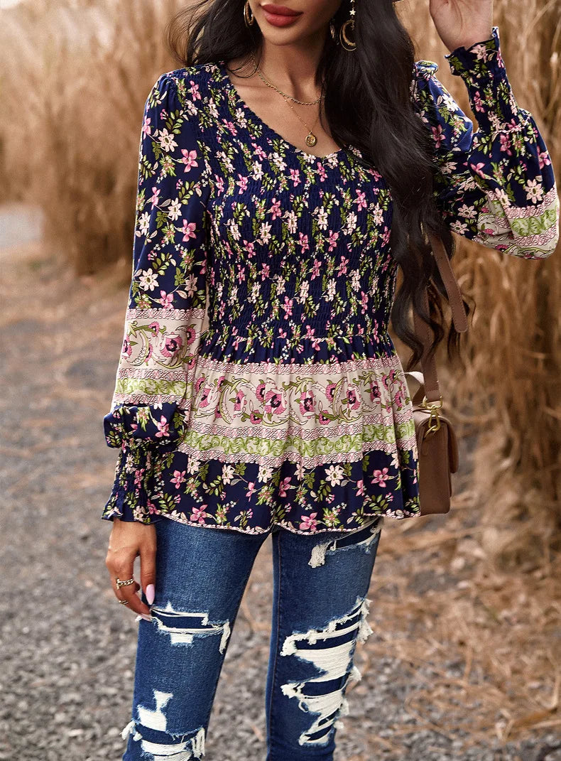 Boho Style Long Sleeve Blouse Floral Pattern